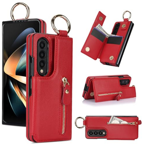 ZHOZEXIN Étui de protection à rabat élégant en cuir pour Samsung Galaxy Z Fold 3 avec fermeture éclair et compartiment pour cartes de crédit et argent - Rouge