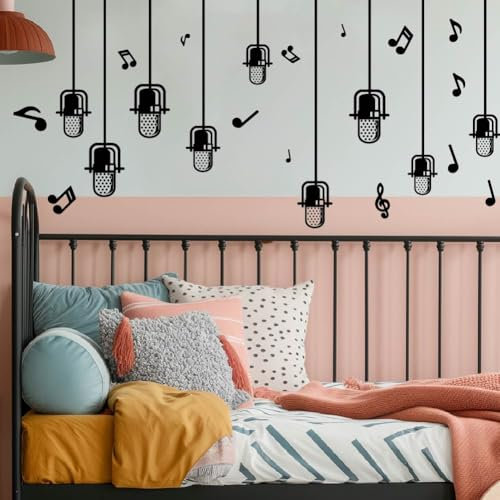 SUPERDANT Music Wall Sticker - Black Microphone & Music Notes - Vinyl - Rectangular - Die-cut - Single Use - Both Indoor & Outdoor - Decor for Walls, Windows, Mirrors, Tables, Cars