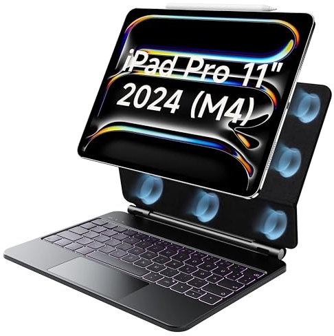 HOU Magic Keyboard iPad Pro 11 M4 2024, Nur für iPad Pro 11 Zoll 2024 (M4) Hülle mit Tastatur, multifunktionales Touchpad, 7 Farben 3 Stufen hinterleuchtet, QWERTZ deutsches Layout–Schwarz