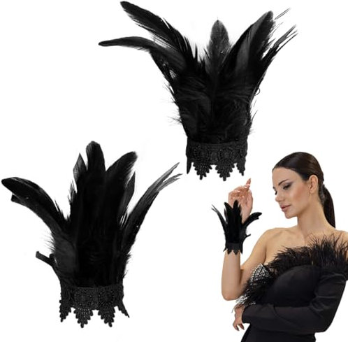 Feder-Handgelenkmanschetten für Damen, Gothic-Federarmbänder, schwarze Federmanschetten, geeignet für Halloween, Cosplay usw. (Schwarz, 1 Paar)