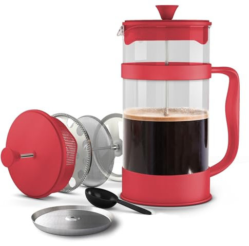KICHLY 1000ml Cafetiere 8 Cup French Press Coffee Maker, Coffee Press and Tea Maker with Triple Filters, Heat Resistant Borosilicate Glass Caffettiere with Steel Plunger (1.0Ltr, Red, Pack of 12)