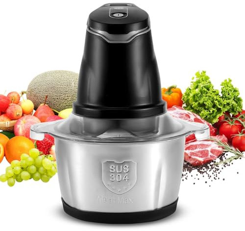 Hachoir Électrique 400W, Hachoir à viande électrique avec 4 lames tranchantes et bol en acier inoxydable de 2L, 2 Niveaux de Vitesse, pour Viande, Légumes, les aliments pour bébés et Fruits