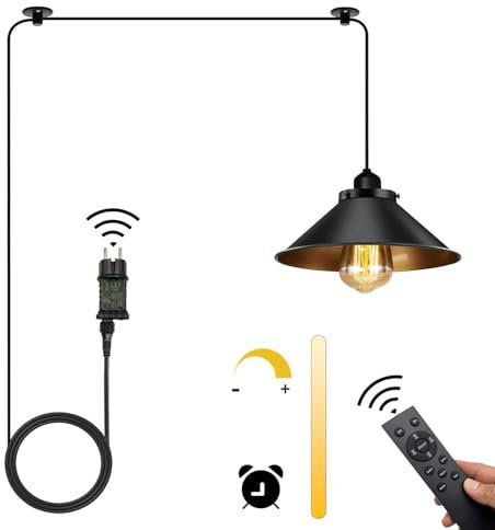 Vintage Hängelampe Kit mit Stecker Pendelleuchte Schwarz Metall Schatten Regenschirm 16.4ft Lampenkabel Dimmbar Plug in Hängende Deckenleuchte für Schlafzimmer Küche Esstisch Wohnzimmer