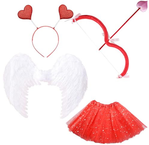 Chyuxinda 4pcs Cupid Kostüm Set Engel Wing Cupid Bow Herz Haarband Tutu Röcke für Damen Halloween Valentinstag Weihnachten Cosplay Party (Rot & Weiß)