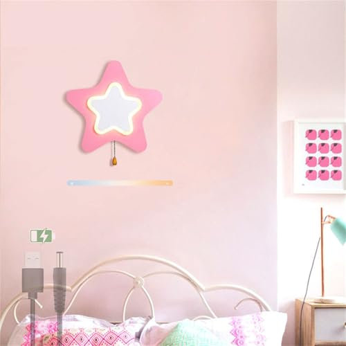 LED Batteriebetrieben Wandleuchte Dimmbar Kabellos Bettlampe Wandleuchten Kinderzimmer USB Aufladbare mit Zugschalter Wandlampe Moderne Innen Karikatur Stern Wandbeleuchtung für Schlafzimmer (Rosa)