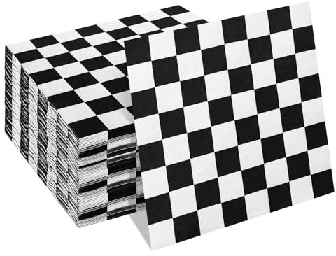 HEIPINIUYE 50 Stück karierte Flaggen-Servietten, Rennwagen-Geburtstagsparty-Zubehör, Einweg-Servietten, Rennparty-Servietten, schwarz-weiß, Dessert-Servietten für Renn-Motto-Partys