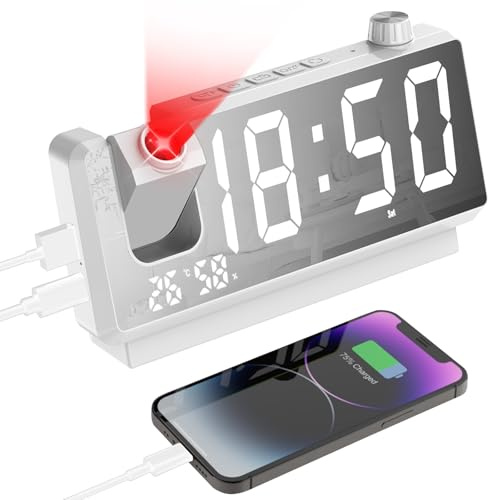 Cuteefun Wecker mit Projektion, Projektionswecker mit 7 LED Anzeige, Weiß | Zwei USB Anschlüsse, Temperatur und Luftfeuchtigkeit, 3 Helligkeitsstufen, 12/24H, 2 Weckzeiten, Snooze