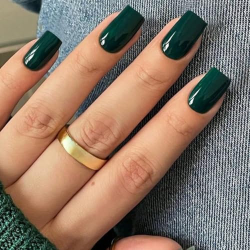 KQueenest Tannen Grün Press On Nails Mandel Eckig, Sarg Nägel zum Aufkleben Kurz, Glänzende Jelly-Gel Fake Nails Fingernägel zum aufkleben Ballerina, Einfarbig Acryl Kunstnägel für Frauen, 24 Stück