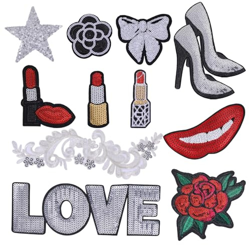 CHGCRAFT 12 Pcs 11 Style Lipstick Iron on Patches Sliver Embroidered Patches for Clothing Jackets Bags Hat Sewing Embroidered Lip Patch for DIY Decoration