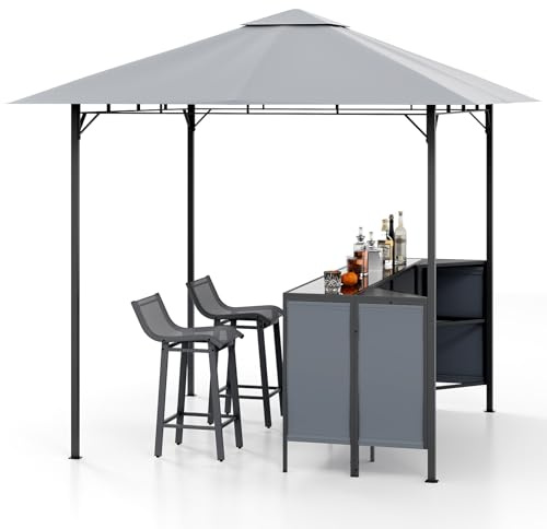 COSTWAY Grillpavillon mit Bar und 2 Stühlen, Gartenpavillon mit Doppeldach, 3-teiliges Bar-Set mit Hartglas-Bartisch & Anlagen & Weinglashaltern, Grillüberdachungen wetterfest, 245x245x243cm, Grau