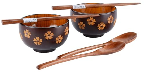 Bol à ramen japonais en bois créatif avec cuillère à ramen, bol à soupe, dessert, collations, salade à soupe, bol japonais, bol à riz traditionnel japonais, 300 ml rond marron