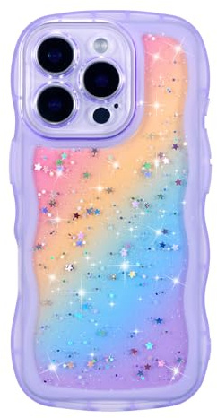 ZTOFERA Sparkly Glitter Case for iPhone 13 Pro Max (6.7), Rainbow Purple | Curly Wave Frame Shape, Bling Sparkle Star, Clear Soft TPU Back Cover, Lightweight, Shockproof Protective Bumper Cover