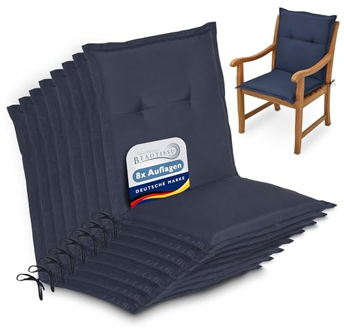 Beautissu 8er Set Niedriglehner Auflage Gartenstuhl Sitzkissen Rückenkissen | 100x50x6cm Dunkelblau Niederlehner niedrig Stuhlkissen Füllung Kissen Schaumkern Gartenstuhlkissen Sitzauflage Garten Loft NL