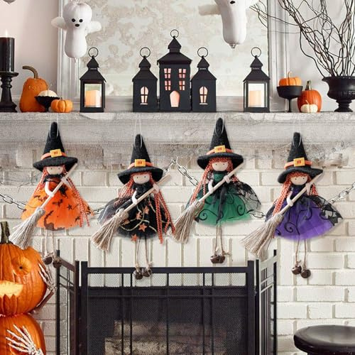 4 Stück Halloween Deko Hexe Puppen, 20cm Halloween Hexe Aufhängbare, hexen Deko Hängende H-exenpuppe Hexen Figure Wichtel Figure Mit Besen Für Tischdeko Party h-alloween deko Innen (A)