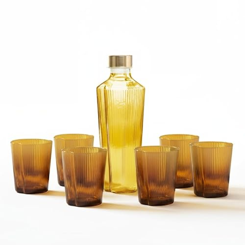 Zafferano Handy 6er Set Bunte Geriffelte Trinkgläser + 90 cl Borosilikatglas Flasche mit austauschbaren Gold und Silberdeckeln, italienisches Design, Geschenkbox, Bernstein