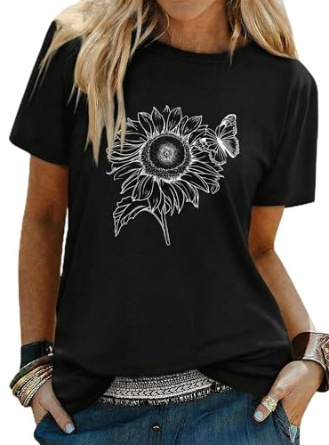 Gyabnw Women's Sunflower Print T Shirt Short Sleeve Crew Neck | Sunflower print, crew neck, short sleeve casual T shirt, for summer days and casual outfits, versatile everyday styling