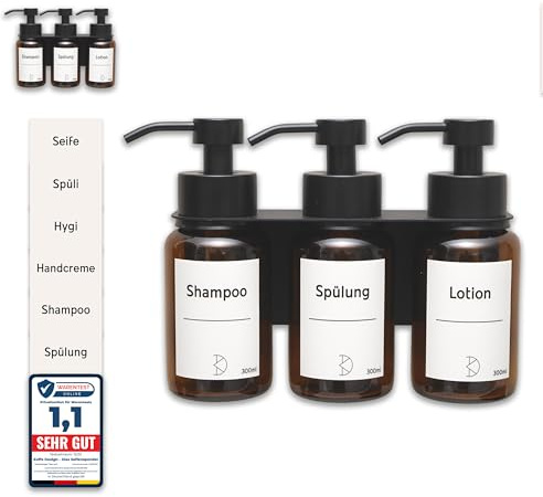 Koffs Design Glas Seifenspender mit Wandbefestigung - 300ml Braunglas Spülmittelspender mit Edelstahl Pumpkopf - Wandmontage ohne Bohren mit 3M Montageband, Set 3-Fach Halter