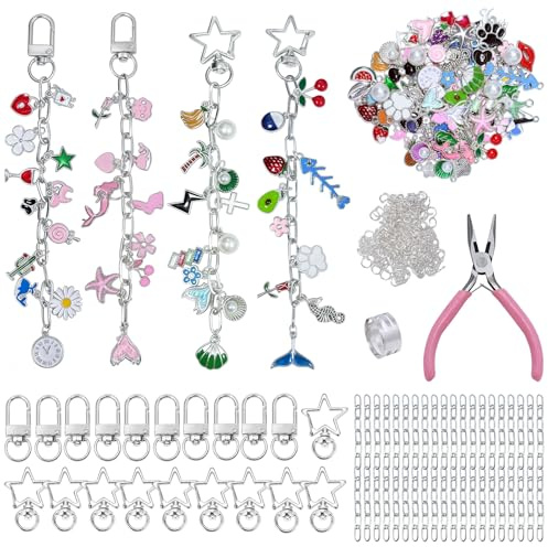 352 Stück DIY Schlüsselanhänger Selber Machen, Metall Charms Anhänger Set, Schlüsselringen Basteln Verlängerungsketten Schlüsselanhänger Clips und Zange, Keychain Diy für Taschenanhänger,Silber