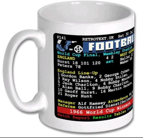 1966 World Cup Final Mug, England vs West Germany, Retro Teletext Style, White Ceramic