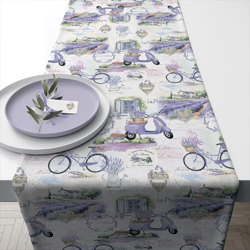 Tischläufer Baumwolle 40cm x 1,5m mit Provence Lavendel Motiv - bedrucktes Tischband - Tischwäsche für Frühling Sommer Garten - Tischdeko Frühlingsdeko Sommerdeko - Tischdecke Läufer