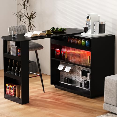 kowdom Mesa de bar con tablero extensible 120-180 cm | Isla de cocina independiente con iluminación LED | Aparador con frontal de cristal y estación de carga USB | Muebles multifunción para casa bar y