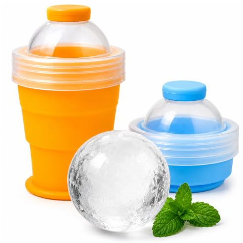 Ecloom 2-in-1 Ice Cubes Cup 2 Pack Foldable Large Ice Cube Moulds Portable | Well-Sealed Lid Round Silicone Freezer Moulds with Straw Reusable for Party, Freezer Home Ice Making, Outdoor Picnics