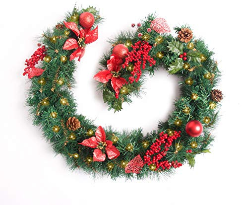 Best Artificial 6ft Red Decorated Christmas Garland with 50 Warm White LED Battery Lights