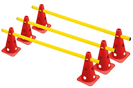RHINOS sports Set di ostacoli, 3 ostacoli, 22,5 cm, rosso/giallo | 6 coni + 3 aste (1 m), 3 livelli di altezza, per calcio, scuola, addestramento dei cani e hobby equitazione