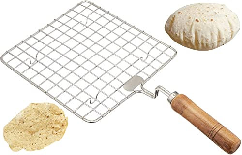 Satre Online und Marketing Quadratischer Bräter aus Holz, Edelstahl-Drahtbräter, Holzgriff, rund, mit Bratennetz, Bratennetz, quadratischer Bräter, Papad Jali, Roti Jali, Bräter