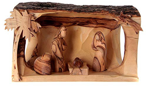 Holyart Hütte mit heiligen Familie Olivenholz Bethlehem 10x20x10cm