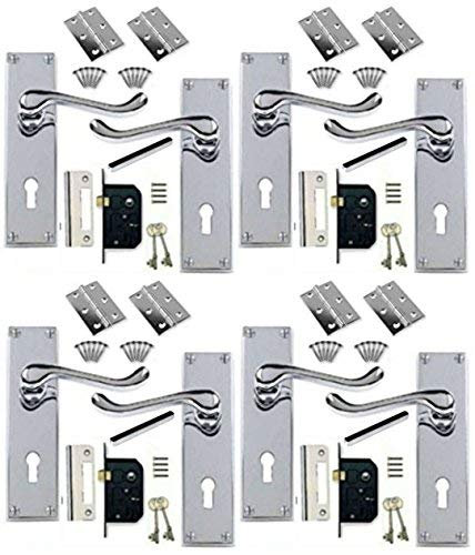 Golden Grace Victorian Scroll Door Handle Lock in Polished Chrome with 2 Lever Lock & Hinges - 4 Sets