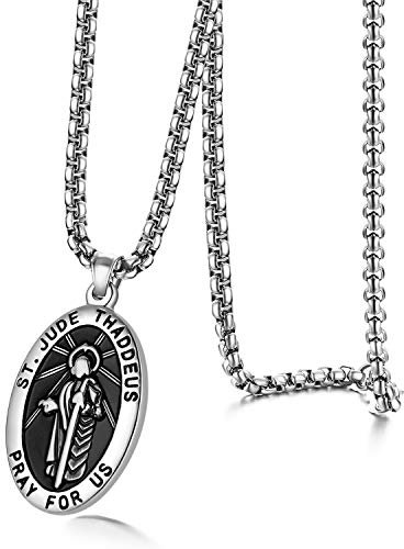 JewelryWe Heiliger Judas Halskette Herren: Silber Edelstahl Saint Judas Thaddäus Ovale Medaille Anhänger Kette Christliche Katholische Gebetsschmuck Religiöse Schmuck für Männer Frauen