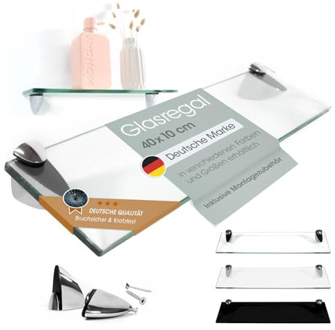 Rapid Teck Glas Wandregal Klarglas transparent 40cm x 10cm - Glasregal mit 8mm ESG Sicherheitsglas - Glasregal perfekt als Badablage Glasablage für Badezimmer - Verschiedene Größen wählbar