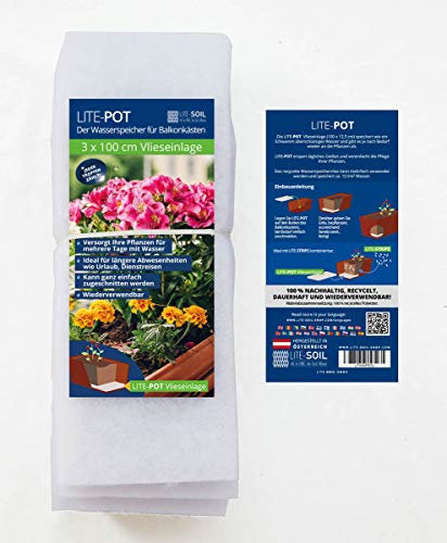 LITE-Pot L (3 Stk. je 100 x 12,5cm) Vlieseinlage, Kapillarmatte 350g/m², Wasserspeicher für Balkonkästen, Anstaubewässerung, 13mm dick, Wasserspeicherkapazität 12 L/m² - LITE-SOIL bekannt aus 2MIN2MIO