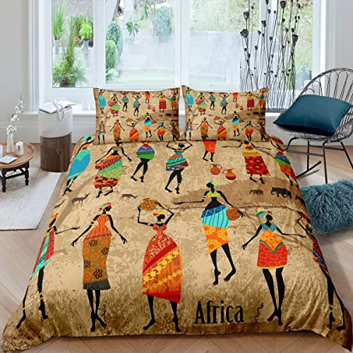 Loussiesd Bettwäsche Set Ethnischer Stil Afrika Land Retro Bettbezug Set für Kinder Jungen Mädchen 135x200 cm Microfaser Betten Set mit Reißverschluss und 1 Kissenbezug 80x80 cm
