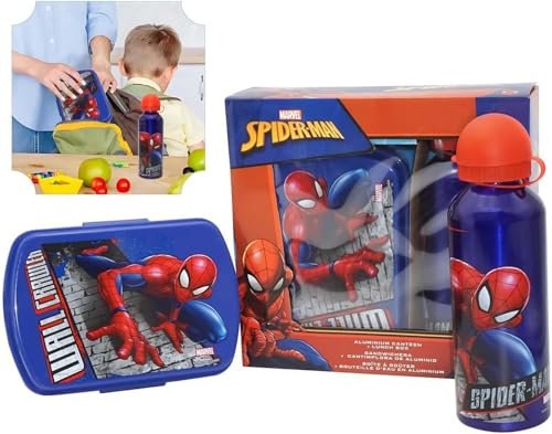 Kids Licensing - Set con borraccia per l'acqua e scatola portapranzo per bambini, da viaggio, per picnic (set portapranzo di Spiderman)