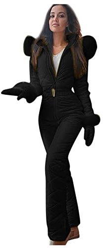 YLUP Damen Schneeanzug, Overall Hoodie Winter Warme Schnee Skianzüge Outdoor Sports Schneeanzug Ski Anzug mit Reißverschluss Snowboard (Schwarz, S)