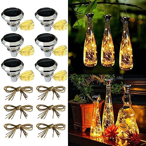 ADLOASHLOU Lot de 6 bouteilles solaires 20 LED 2 m,Guirlande lumineuse solaire pour bouteille LED,Diamant,Guirlande d'ambiance solaire,Pour bouteille de bricolage,Décoration (6 pièces chaudes)