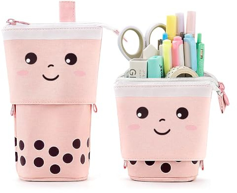 Milktea Niedliches stehendes Federmäppchen für Kinder, Federmäppchen, Make-up-Tasche, Stiftehalter und Bubble Tea - Kawaii Make-up-Tasche, Rosa, Modern