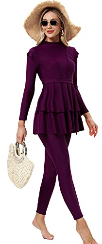seafanny Traje de baño modesto para mujer, de manga larga, burkini, cobertura completa, traje de baño musulmán, rojo vino, 34-36
