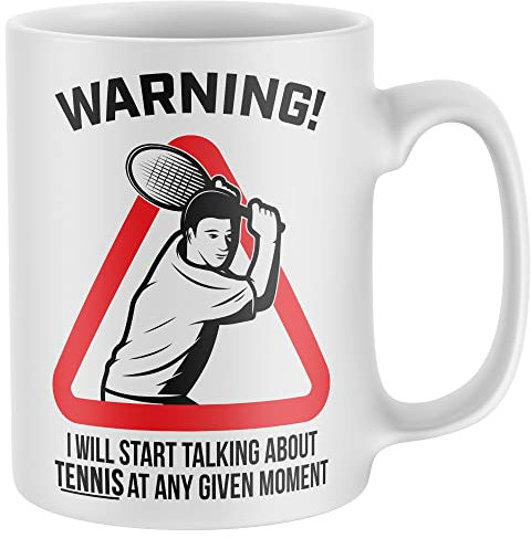 Purple Print House Warning Will Talk About Tennis Mug, Funny Coffee Cup, Tennis Gifts for Him, Tennis Player Birthday Present Ideas For Dad or Son, One Size, White