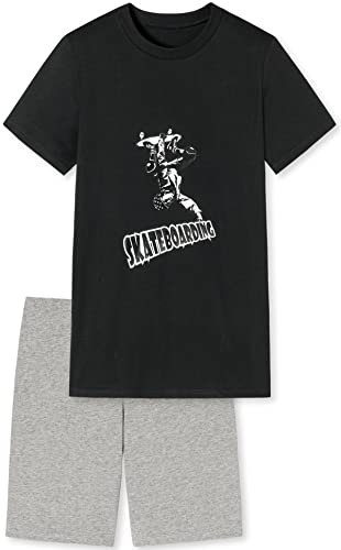 Jungen Schlafanzug kurz, weicher Single-Jersey aus 100% Baumwolle und Hose in Bermuda Form - mit Skateboard Motiv, in schwarz Grösse 152