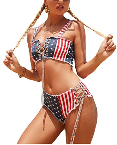 Bikini Drapeau Américain 2 Pièces pour Femmes Ensembles De Bikini en Denim Maillot De Bain Sexy Rouge Blanc Et Bleu Bikin,American Flag,M