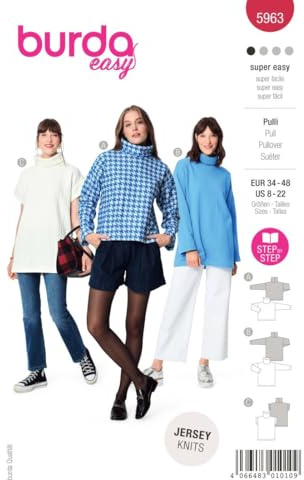 Burda Schnittmuster, 5963, Rollkragenpullover selber nähen [Damen, Gr. 34 - 48] Level 1 für Anfänger