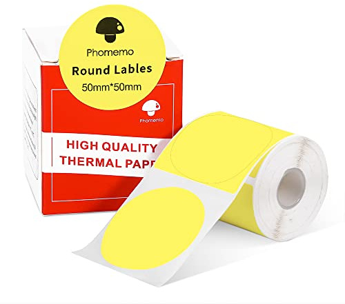 Phomemo M110 M108 M100 M120 M200 M220 M221 Label Maker Round Circle Label - Thermal Printer Labels for Price, Name, Address, Logo, Barcode, 50mm*50mm, Yellow (1 Roll)