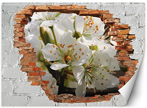 Feeby Fototapete Abstraktion Natur Loch in der Wand 200x140 cm Weiß XXL Vlies Wandtapete Tapeten Wohnzimmer Schlafzimmer Büro Flur Moderne Design Wandbilder Wand Dekoration Baum Apfelblüte Zweig