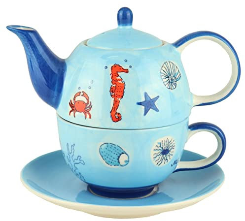 Mila Keramik Tee-Set Tea for One Save The Ocean Maritime Teekanne ca. 400ml mit Tasse ca. 250ml und Unter-Tasse EIN-Personen-Tee-Service mit Meer-Motiven Seestern Seepferd Koralle Krabbe Krebs