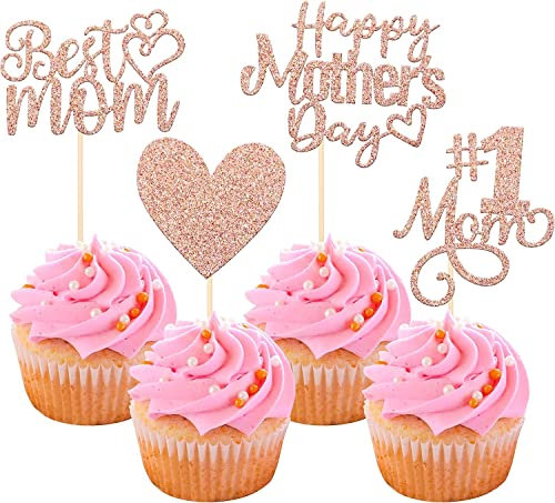 24 Stück Happy Mother's Day Cupcake Toppers Glitter Nummer 1 Mutter Liebe Herz Beste Mutter Cupcake Picks für Frauen Geburtstag Glückliche Mutter Tag Thema Party Kuchen Dekorationen Zubehör Rosegold