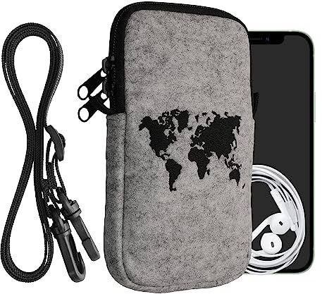 kwmobile Handytasche für Smartphones L - 6,5 - Filz Handy Hülle Schwarz Hellgrau - Handy Tasche mit Kette 16,5 x 8,9 cm Innenmaße - Travel Umriss