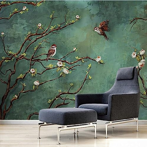 Fototapete 3D Effekt Tapete Vintage Baum Zweig Blume Vogel 3D Tapeten Wandbilder Wohnzimmer Schlafzimmer Kinderzimmer Dekoration Wanddeko
